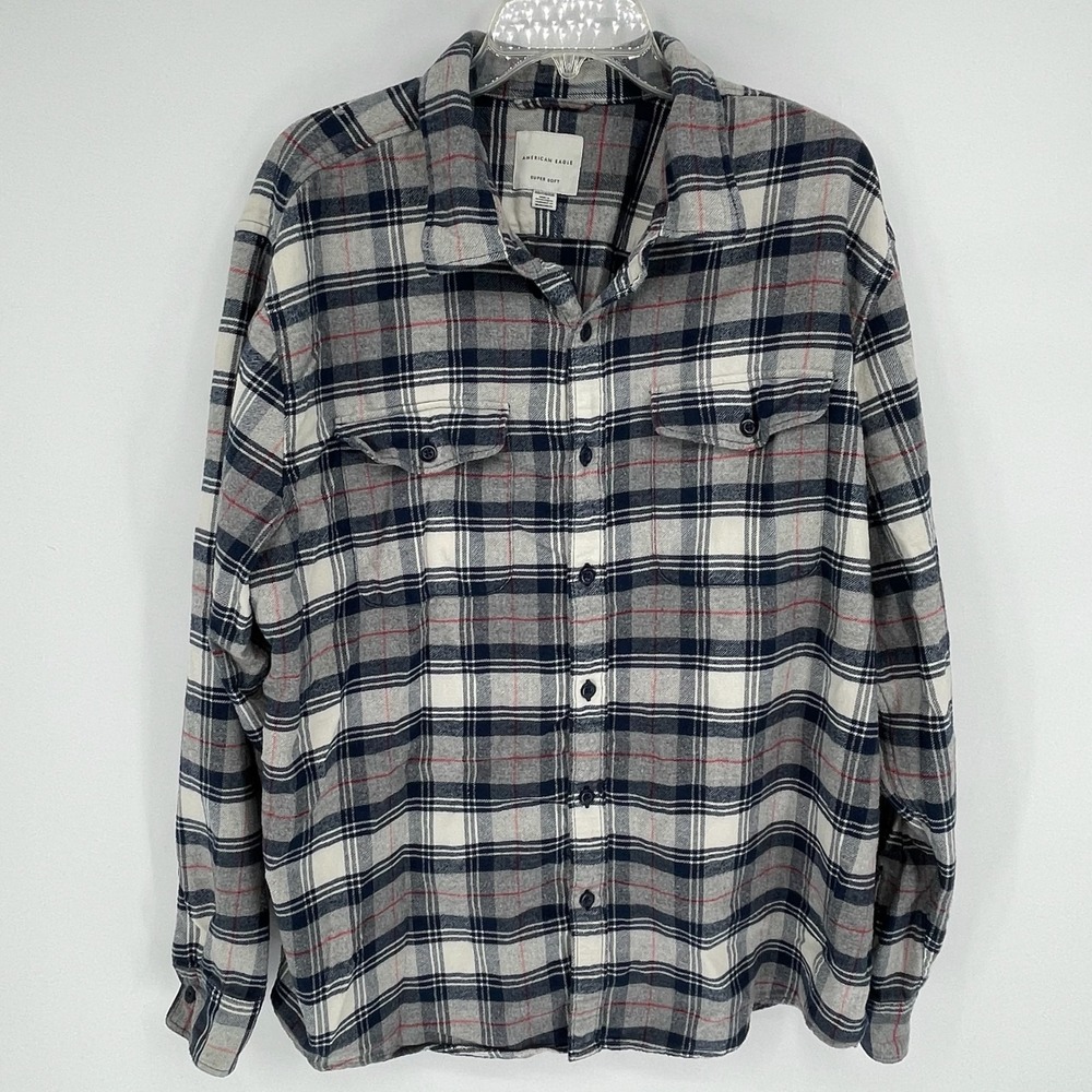 American Eagle Women's Gray White Plaid Flannel Button Up Shirt Size XXL
